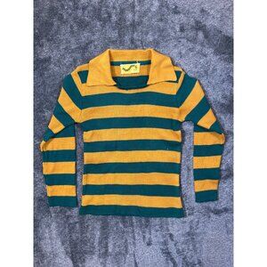 Vintage 1970's "Happiness Is" Green and Gold Long Sleeve Sweater with Pointed Co